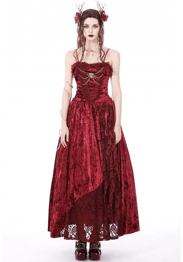 Blood Rose | VELVET MAXI DRESS - Beserk - all, all clothing, all ladies clothing, apr23, asymmetric, asymmetrical, bat, bat wings, bats, batwing, chain, chains, clothing, cross, dark in love, DIL230401, discountapp, dress, dresses, fantasy, formal, formal wear, fp, googleshopping, goth, gothic, lace, ladies clothing, ladies dress, ladies dresses, long dress, maxi dress, R230423, red, renaissance, see through, sheer, silver, velvet, witchy, womens dress, womens dresses