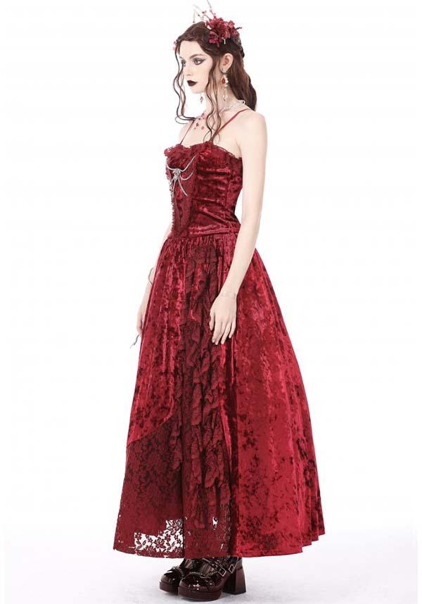Blood Rose | VELVET MAXI DRESS - Beserk - all, all clothing, all ladies clothing, apr23, asymmetric, asymmetrical, bat, bat wings, bats, batwing, chain, chains, clothing, cross, dark in love, DIL230401, discountapp, dress, dresses, fantasy, formal, formal wear, fp, googleshopping, goth, gothic, lace, ladies clothing, ladies dress, ladies dresses, long dress, maxi dress, R230423, red, renaissance, see through, sheer, silver, velvet, witchy, womens dress, womens dresses