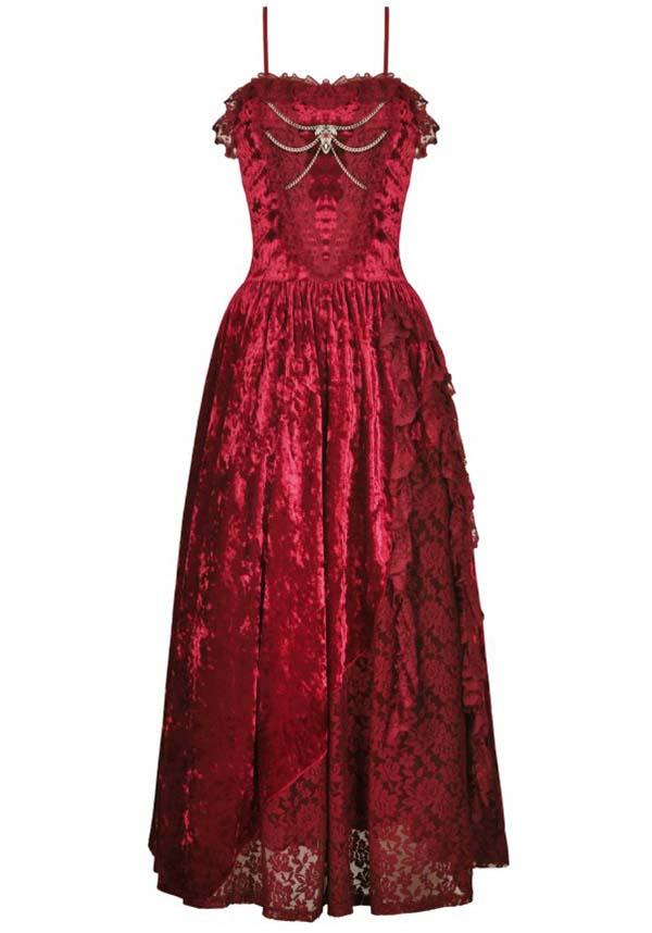 Blood Rose | VELVET MAXI DRESS - Beserk - all, all clothing, all ladies clothing, apr23, asymmetric, asymmetrical, bat, bat wings, bats, batwing, chain, chains, clothing, cross, dark in love, DIL230401, discountapp, dress, dresses, fantasy, formal, formal wear, fp, googleshopping, goth, gothic, lace, ladies clothing, ladies dress, ladies dresses, long dress, maxi dress, R230423, red, renaissance, see through, sheer, silver, velvet, witchy, womens dress, womens dresses