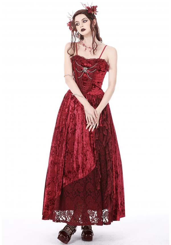 Blood Rose | VELVET MAXI DRESS - Beserk - all, all clothing, all ladies clothing, apr23, asymmetric, asymmetrical, bat, bat wings, bats, batwing, chain, chains, clothing, cross, dark in love, DIL230401, discountapp, dress, dresses, fantasy, formal, formal wear, fp, googleshopping, goth, gothic, lace, ladies clothing, ladies dress, ladies dresses, long dress, maxi dress, R230423, red, renaissance, see through, sheer, silver, velvet, witchy, womens dress, womens dresses