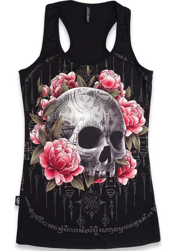 Sak Yant Skull | TANK TOP - Beserk - all, all clothing, all ladies clothing, apr23, black, clothing, discountapp, edgy, fp, googleshopping, goth, goth summer, goth summer clothing, goth tank top, gothic, ladies clothing, ladies tank top, ladies top, ladies tops, liquorbrand, R110423, rose, roses, skull, summer clothing, summer goth, SW52982, switchblade, tank top, tees and tops, top, tops, tshirts and tops, witchy, womens tank top, womens top