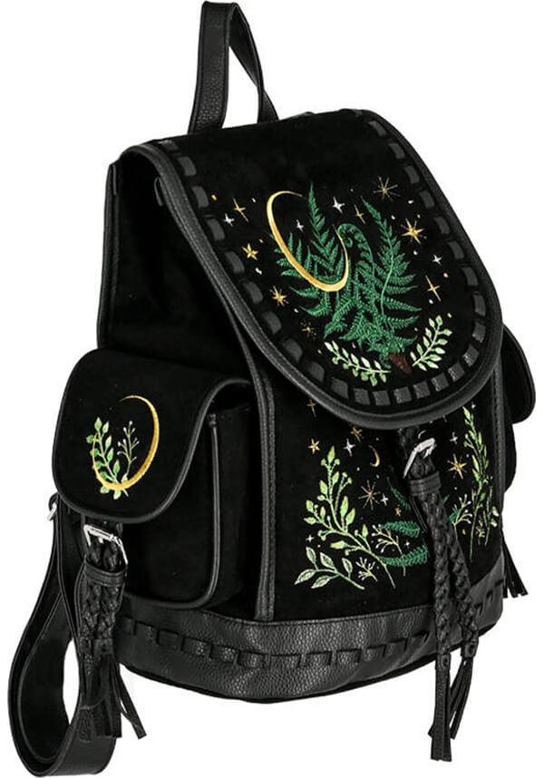 Herbal | BACKPACK - Beserk - accessories, all, all ladies, apr23, back bag, back pack, backpack, bag, bags, black, clickfrenzy15-2023, crescent moon, discountapp, fern, fp, googleshopping, goth, gothic, gothic accessories, gothic bag, labelvegan, ladies, ladies accessories, mens accessories, moon, moon phase, R020423, RS218094, star, stars, tassel, vegan, velvet, witchy