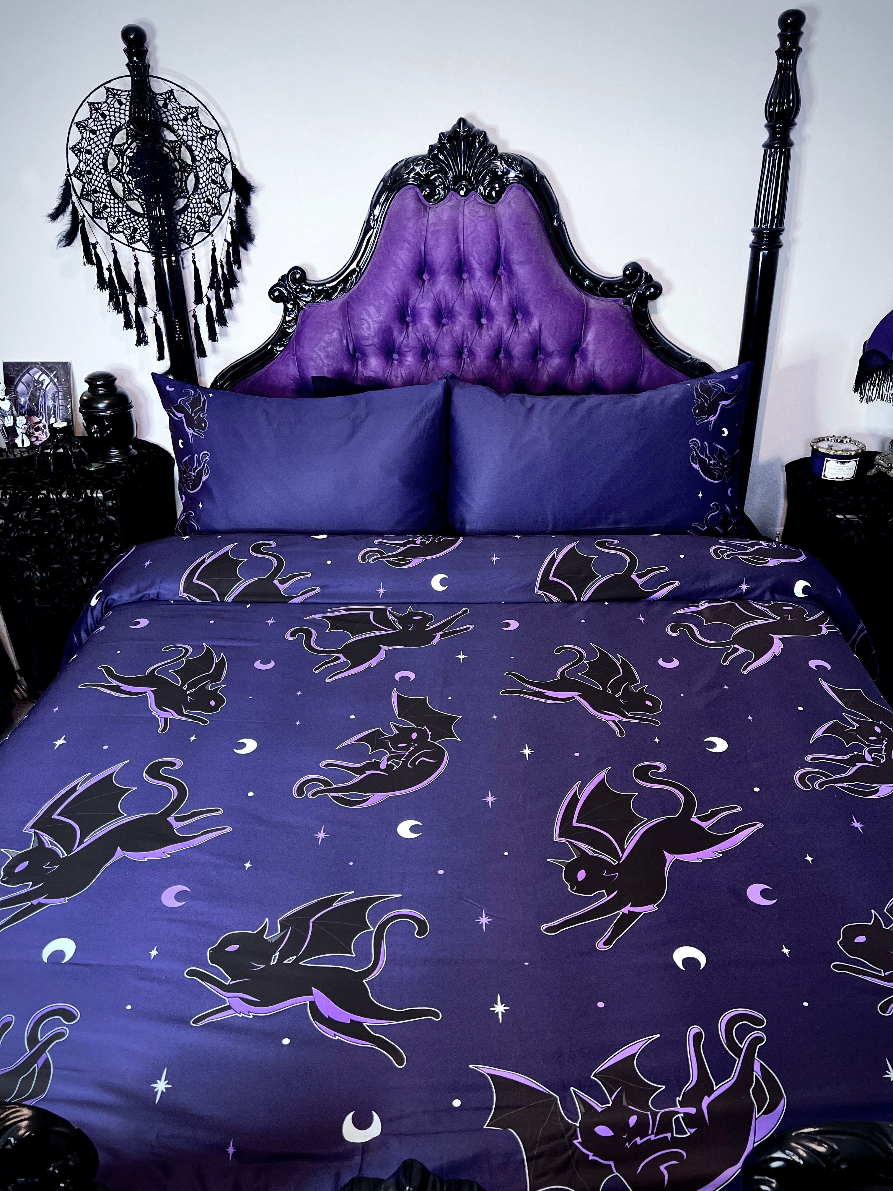 Batty Cats [Purple] | QUEEN QUILT SET [COTTON]