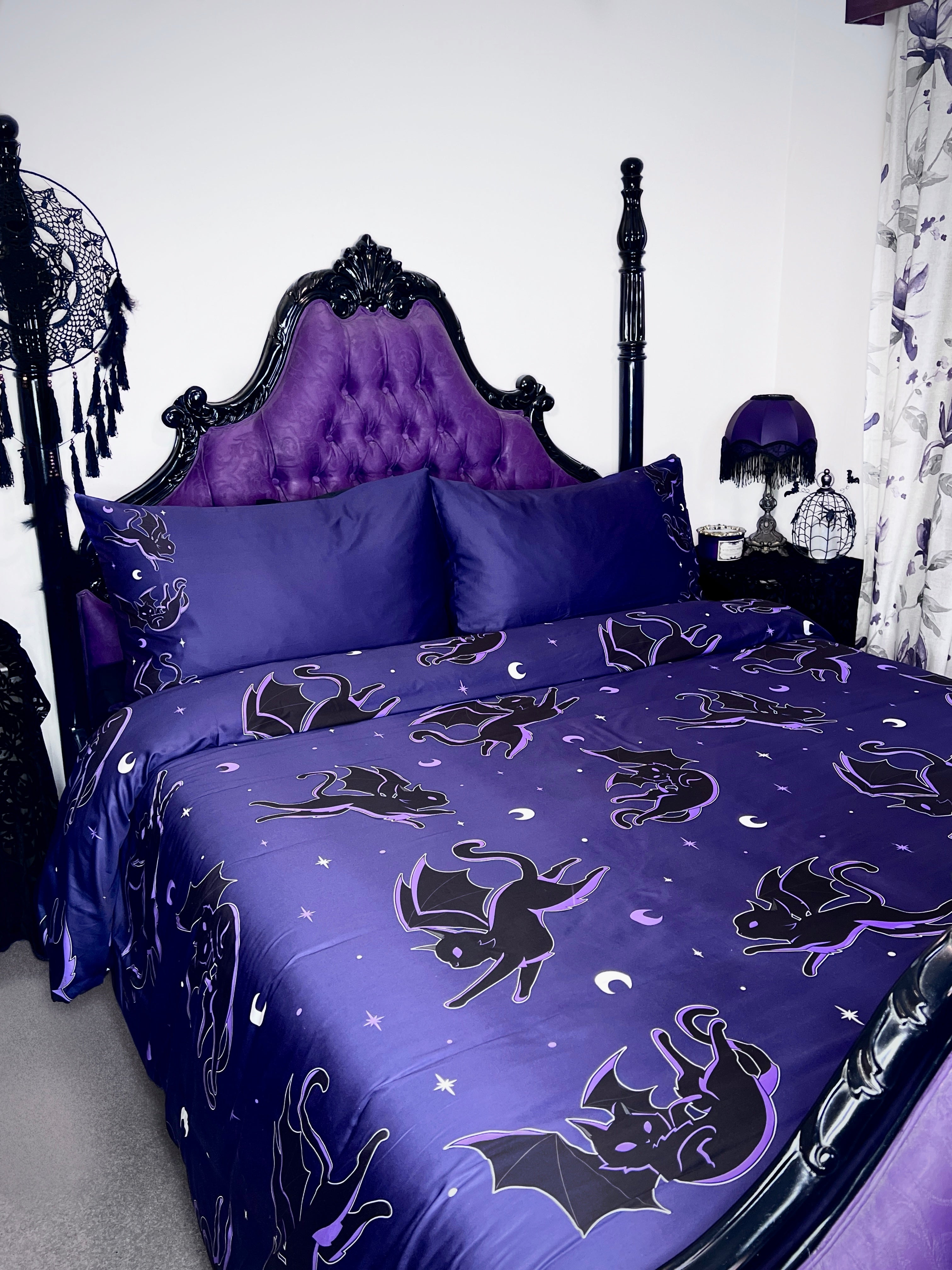 Batty Cats [Purple] | QUEEN QUILT SET [COTTON]