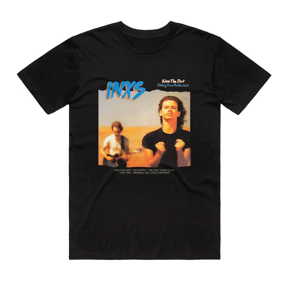Black t-shirt with INXS album cover design featuring two band members and the band name.