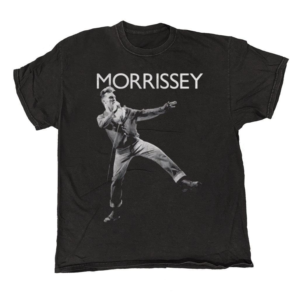 Black t-shirt with a graphic of a person and 'Morrissey' text on a white background