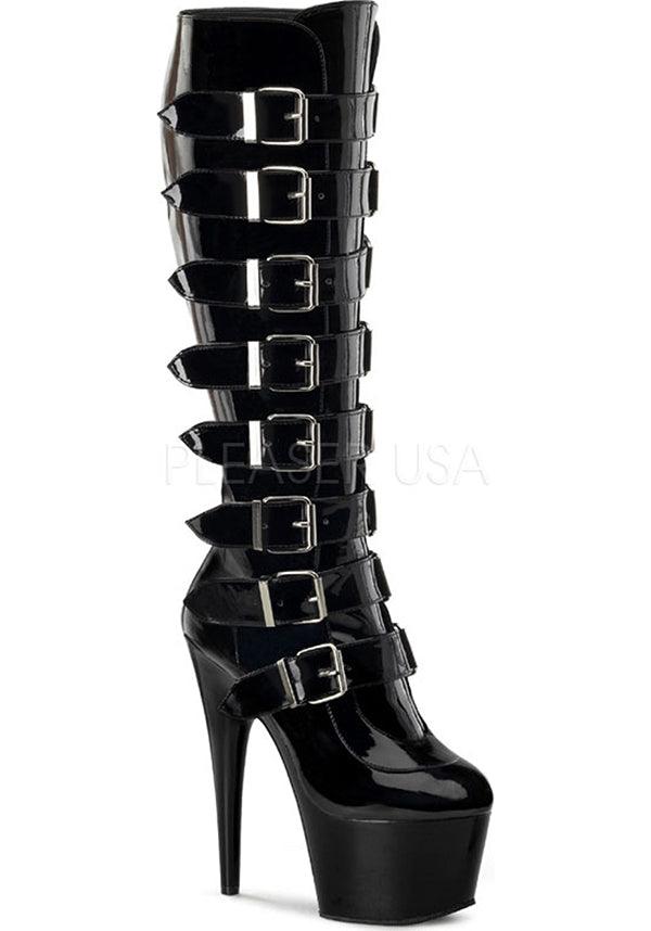 ADORE-2043 [Black Pat] | PLATFORM BOOTS [PREORDER] - Beserk - all, black, boots, boots [preorder], buckles, clickfrenzy15-2023, discountapp, fp, heels, heels [preorder], knee high, labelpreorder, labelvegan, platform boots, platform heels, platforms, platforms [preorder], pleaser, pleaserslow, pole dancing, ppo, preorder, shoes, vegan