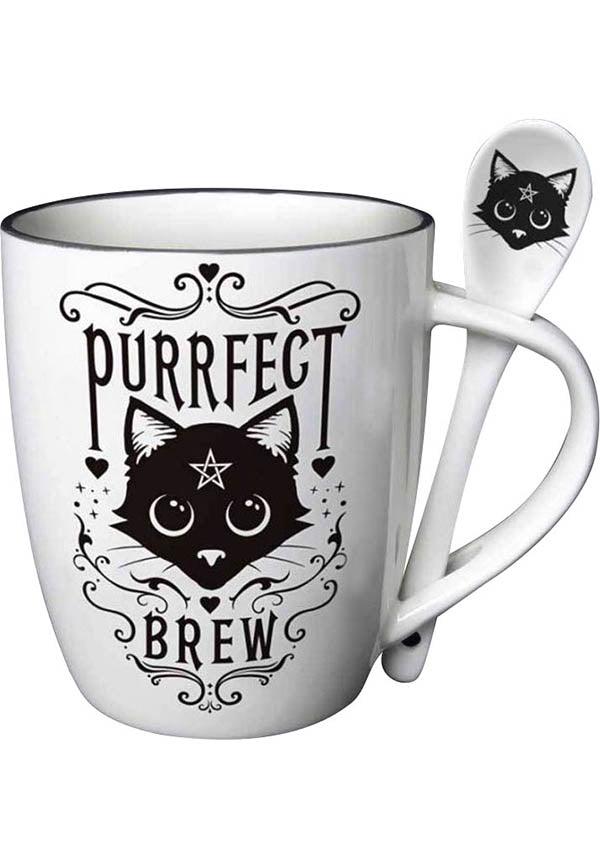 Purrfect Brew | MUG &amp; SPOON SET` - Beserk - alchemy gothic, all, black, black cat, cat, cats, christmas gift, christmas gifts, clickfrenzy15-2023, coffee, cup, discountapp, fp, gift, gift idea, gifts, goth, gothic, gothic gifts, gothic homewares, home, homeware, homewares, kitchen, mothersday, mothersdaycosy, mug, pentacle, pentagram, R300920, sep20, spoon, winter, winter homewares, witch, witches, witchy
