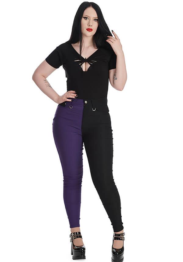 Bailey Half and Half [Purple/Black] | PANTS - Beserk - all, all clothing, all ladies clothing, BA39270, banned apparel, black, clickfrenzy15-2023, clothing, colour:purple, d ring, discountapp, fp, googleshopping, goth, gothic, jan23, jeans, ladies clothing, ladies pants, ladies pants + shorts, ladies pants and shorts, long pants, pants, plus size, punk, purple, R050123, skinny jeans, winter, winter clothing, winter wear, womens pants