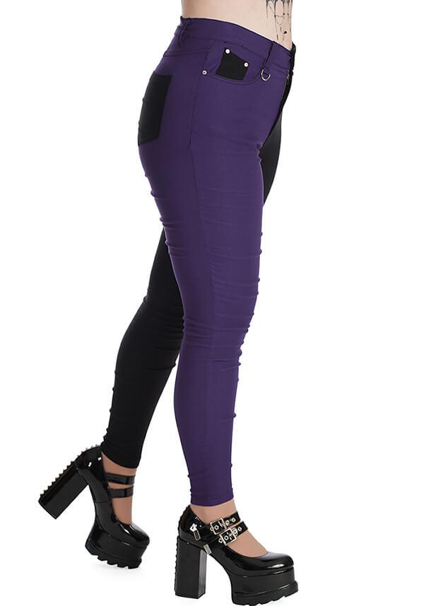 Bailey Half and Half [Purple/Black] | PANTS - Beserk - all, all clothing, all ladies clothing, BA39270, banned apparel, black, clickfrenzy15-2023, clothing, colour:purple, d ring, discountapp, fp, googleshopping, goth, gothic, jan23, jeans, ladies clothing, ladies pants, ladies pants + shorts, ladies pants and shorts, long pants, pants, plus size, punk, purple, R050123, skinny jeans, winter, winter clothing, winter wear, womens pants