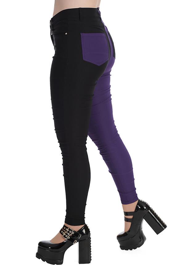 Bailey Half and Half [Purple/Black] | PANTS - Beserk - all, all clothing, all ladies clothing, BA39270, banned apparel, black, clickfrenzy15-2023, clothing, colour:purple, d ring, discountapp, fp, googleshopping, goth, gothic, jan23, jeans, ladies clothing, ladies pants, ladies pants + shorts, ladies pants and shorts, long pants, pants, plus size, punk, purple, R050123, skinny jeans, winter, winter clothing, winter wear, womens pants