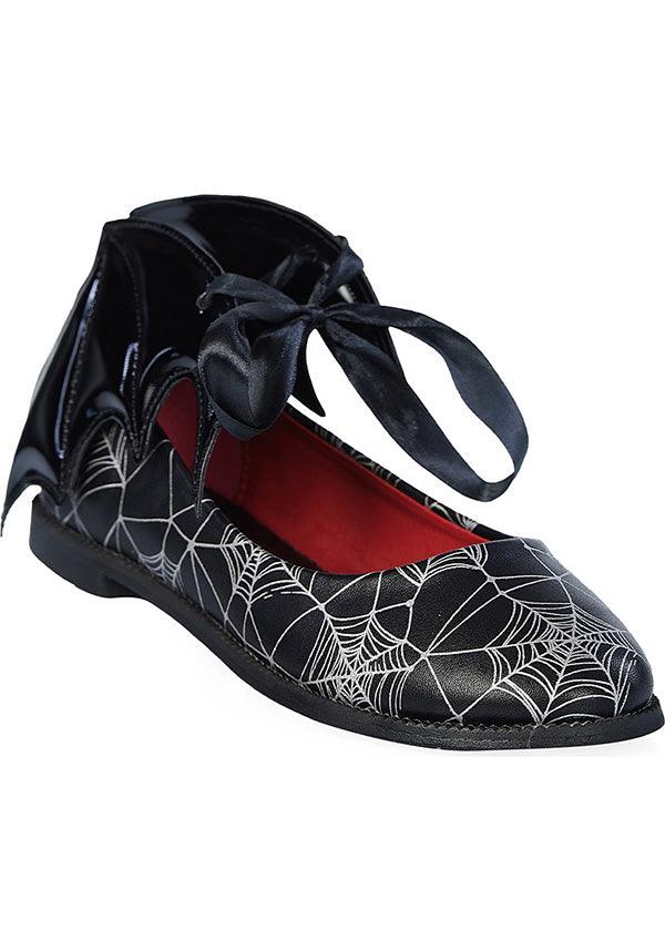 Dead Of Night Bat [Black/White] | BALLERINA FLATS* - Beserk - all, BA39762, bat wing, bat wings, batwing, batwings, black and white, clickfrenzy15-2023, discountapp, flats, flats [in stock], googleshopping, goth, gothic, in stock, instock, labelinstock, labelvegan, mar23, mysterypack2023, patent, R120323, ribbon, sale, sale ladies, sale shoes, SALE04MAY23, shoe, shoes, spider web, spiderweb, spiderwebs, vegan, witchy