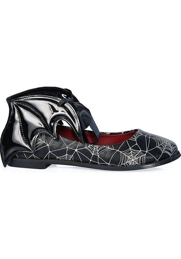 Dead Of Night Bat [Black/White] | BALLERINA FLATS* - Beserk - all, BA39762, bat wing, bat wings, batwing, batwings, black and white, clickfrenzy15-2023, discountapp, flats, flats [in stock], googleshopping, goth, gothic, in stock, instock, labelinstock, labelvegan, mar23, mysterypack2023, patent, R120323, ribbon, sale, sale ladies, sale shoes, SALE04MAY23, shoe, shoes, spider web, spiderweb, spiderwebs, vegan, witchy