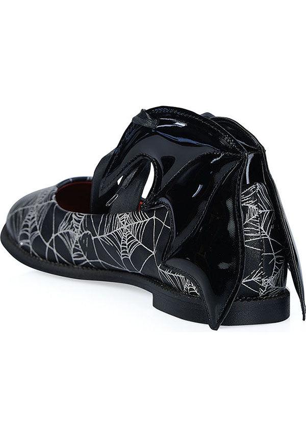 Dead Of Night Bat [Black/White] | BALLERINA FLATS* - Beserk - all, BA39762, bat wing, bat wings, batwing, batwings, black and white, clickfrenzy15-2023, discountapp, flats, flats [in stock], googleshopping, goth, gothic, in stock, instock, labelinstock, labelvegan, mar23, mysterypack2023, patent, R120323, ribbon, sale, sale ladies, sale shoes, SALE04MAY23, shoe, shoes, spider web, spiderweb, spiderwebs, vegan, witchy