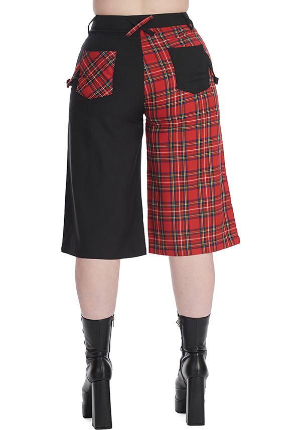 Taffy Half And Half | PANTS - Beserk - all, all clothing, all ladies clothing, BA39762, clickfrenzy15-2023, clothing, d ring, discountapp, edgy, fp, googleshopping, goth, gothic, ladies clothing, ladies pants, ladies pants + shorts, ladies pants and shorts, mar23, pants, plus size, pockets, punk, R120323, red and black, shorts, split, tartan, womens pants, zip
