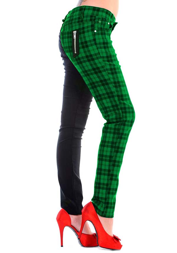 Banned Alternative The Damage Half Black/Half Green Check Skinny
