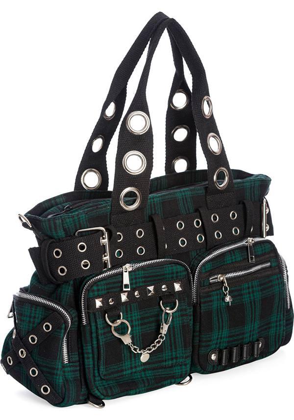 Camdyn [Green] | HANDBAG - Beserk - accessories, all, all ladies, BA35369, bag, bags, black, clickfrenzy15-2023, dark green, dec21, discountapp, fp, goth, gothic, gothic accessories, gothic bag, green, hand bag, handbag, handbags, handbags and purses, ladies, ladies accessories, plaid, punk, R301221, repriced230523, shoulder bag, tartan