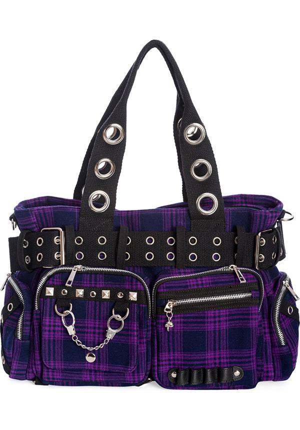 Camdyn [Purple] | HANDBAG - Beserk - accessories, all, BA25172, bag, bags, banned apparel, clickfrenzy15-2023, colour:purple, discountapp, fp, goth, gothic, gothic accessories, gothic bag, hand bag, handbag, handbags, handbags and purses, ladies accessories, mar22, plaid, purple, R120322, shoulder bag, tartan