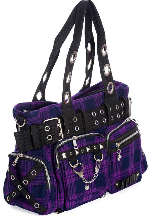 Camdyn [Purple] | HANDBAG - Beserk - accessories, all, BA25172, bag, bags, banned apparel, clickfrenzy15-2023, colour:purple, discountapp, fp, goth, gothic, gothic accessories, gothic bag, hand bag, handbag, handbags, handbags and purses, ladies accessories, mar22, plaid, purple, R120322, shoulder bag, tartan