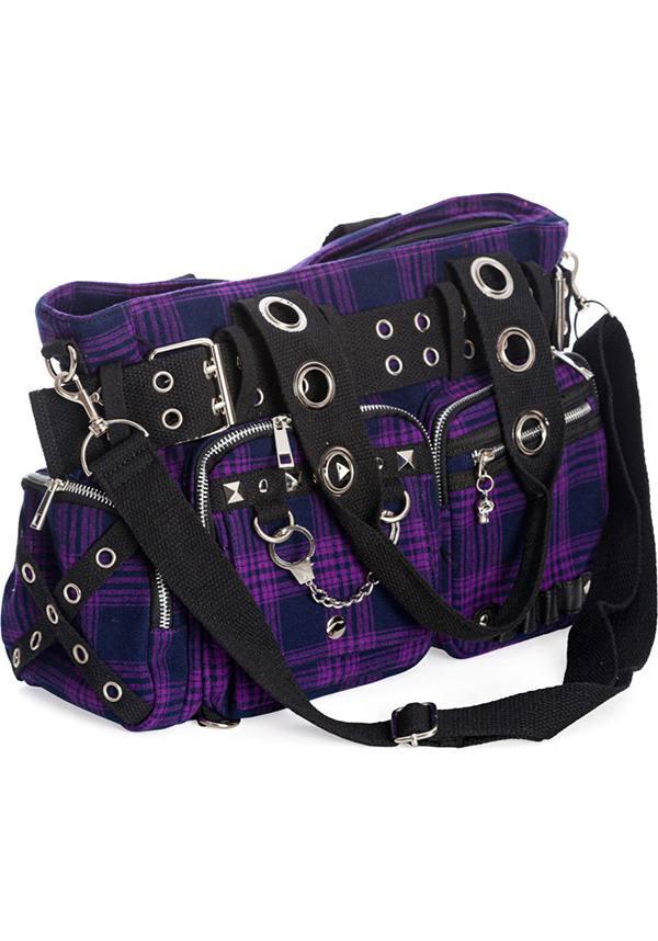 Camdyn [Purple] | HANDBAG - Beserk - accessories, all, BA25172, bag, bags, banned apparel, clickfrenzy15-2023, colour:purple, discountapp, fp, goth, gothic, gothic accessories, gothic bag, hand bag, handbag, handbags, handbags and purses, ladies accessories, mar22, plaid, purple, R120322, shoulder bag, tartan