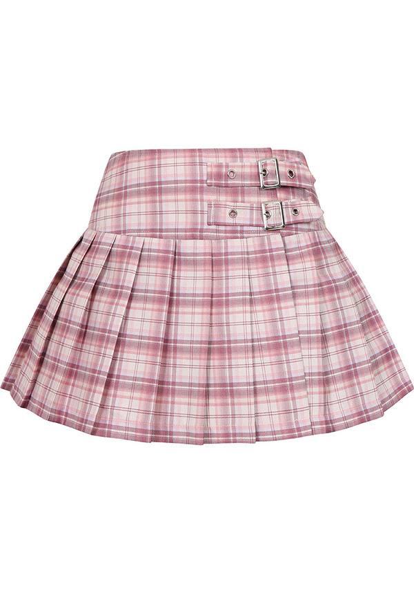Darkdoll [Pink/White] | MINI SKIRT - Beserk - all, all clothing, all ladies clothing, apr22, BA36678, buckle, buckles, clickfrenzy15-2023, clothing, colour:pink, discountapp, fp, ladies clothing, ladies skirt, light pink, mini skirt, pastel pink, pink, plaid, pleated, pleats, R120422, short skirt, skirt, tartan, womens skirt