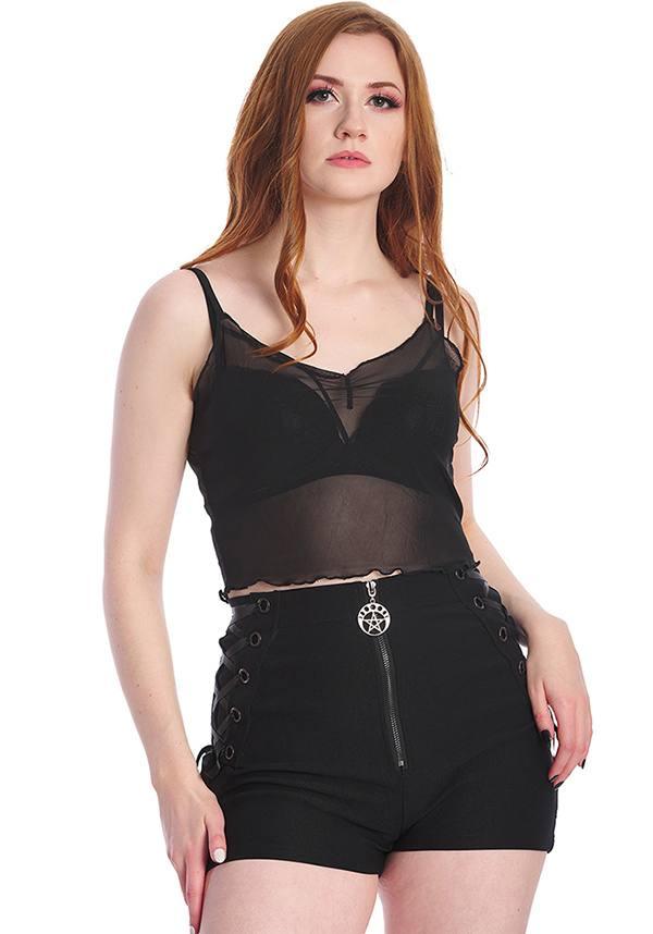 Nyx | SHORTS^ - Beserk - all clothing, all ladies clothing, BA37116, BA37495, backorder, black, clickfrenzy15-2023, clothing, crescent moon, derby shorts, discountapp, fp, goth, gothic, grunge, ladies clothing, ladies pants + shorts, ladies pants and shorts, moon, moon phase, oct22, pentagram, punk, R041022, short shorts, shorts