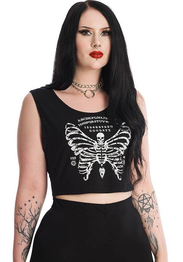 Skeleton Butterfly | CROPPED TOP - Beserk - all, all clothing, all ladies, all ladies clothing, BA35337, black, butterfly, clickfrenzy15-2023, clothing, crop top, cropped top, croptop, dec21, discountapp, edgy, fp, girls crop top, girls top, goth, gothic, ladies, ladies clothing, ladies crop top, ladies top, ouija, plus size, R141221, skeleton, spirit board, tank top, tees and tops, top, tops, tshirts and tops, womens crop tops, womens tank top, womens top