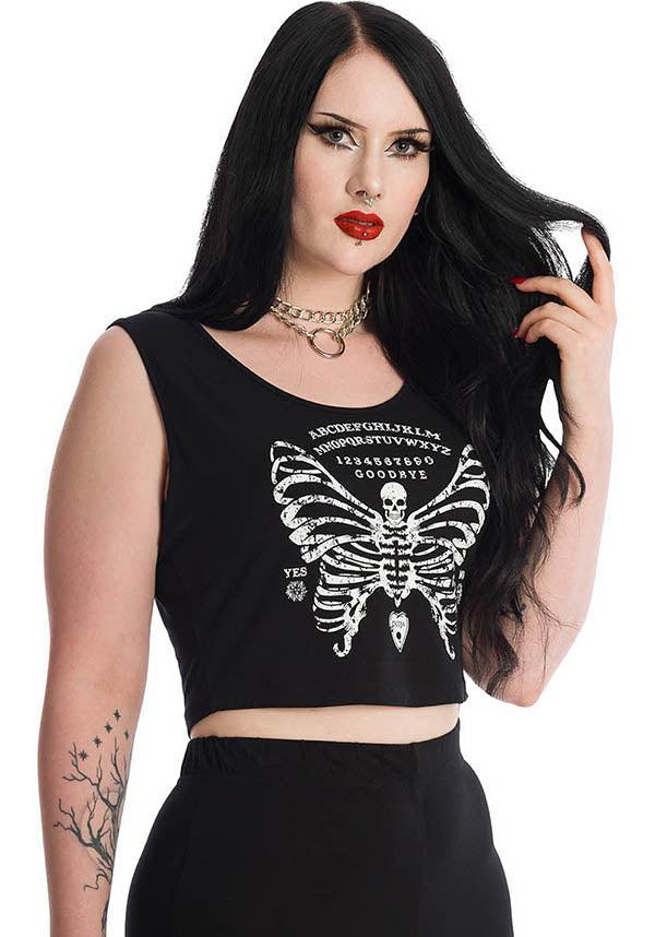 Skeleton Butterfly | CROPPED TOP - Beserk - all, all clothing, all ladies, all ladies clothing, BA35337, black, butterfly, clickfrenzy15-2023, clothing, crop top, cropped top, croptop, dec21, discountapp, edgy, fp, girls crop top, girls top, goth, gothic, ladies, ladies clothing, ladies crop top, ladies top, ouija, plus size, R141221, skeleton, spirit board, tank top, tees and tops, top, tops, tshirts and tops, womens crop tops, womens tank top, womens top
