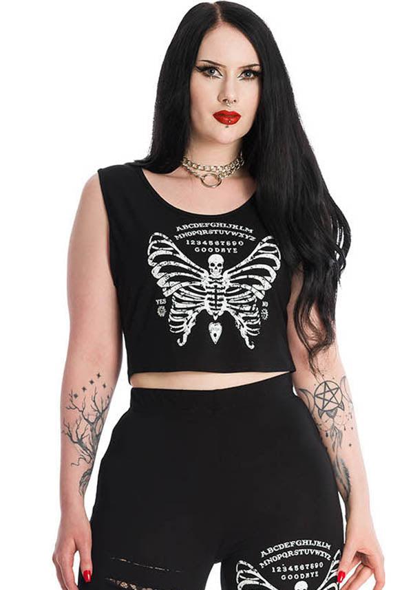 Skeleton Butterfly | CROPPED TOP - Beserk - all, all clothing, all ladies, all ladies clothing, BA35337, black, butterfly, clickfrenzy15-2023, clothing, crop top, cropped top, croptop, dec21, discountapp, edgy, fp, girls crop top, girls top, goth, gothic, ladies, ladies clothing, ladies crop top, ladies top, ouija, plus size, R141221, skeleton, spirit board, tank top, tees and tops, top, tops, tshirts and tops, womens crop tops, womens tank top, womens top