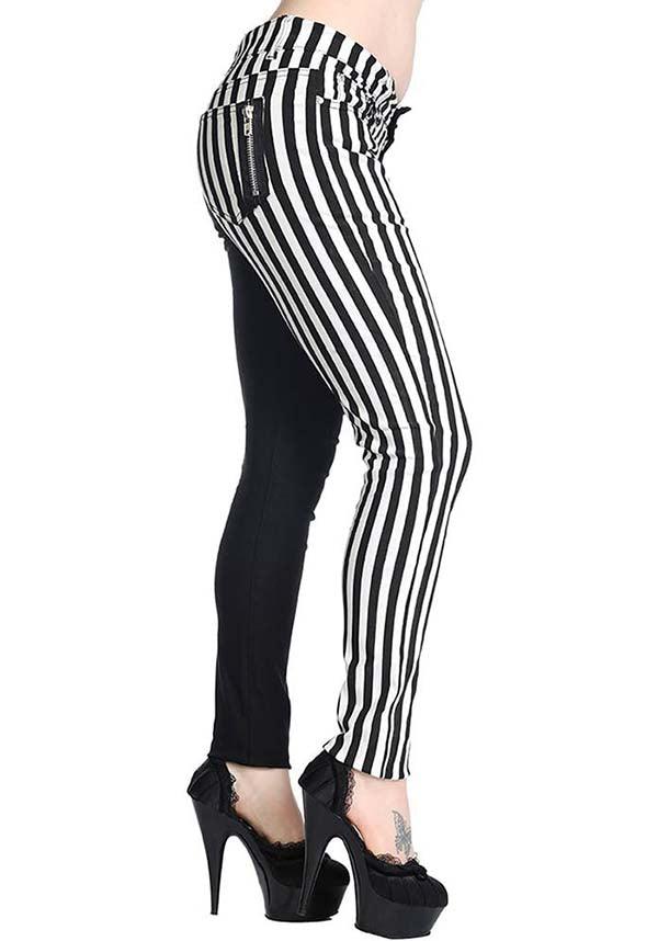 The Damage [Half Black/Half Striped] | SKINNY JEANS - Beserk - all, all clothing, all ladies, all ladies clothing, banned apparel, beetlejuice, black, clickfrenzy15-2023, clothing, discountapp, edgy, fp, goth, gothic, halloween, jeans, jun18, ladies, ladies clothing, ladies pants, ladies pants + shorts, ladies pants and shorts, pants, rock, skinny jeans, stripe, striped, stripes, stripey, tim burton, trousers, winter, winter clothing, womens pants