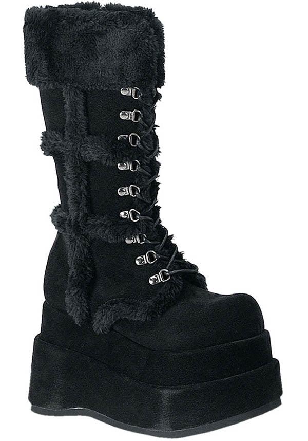 BEAR-202 [Black] | PLATFORM BOOTS [PREORDER] - Beserk - all, black, boot, boots, boots [preorder], clickfrenzy15-2023, demonia, discountapp, fluffy, fp, fur, goth, gothic, labelpreorder, labelvegan, mid calf boots, platform, platforms, platforms [preorder], pleaserhidden, pleaserimageupdated, ppo, preorder, shoes, vegan