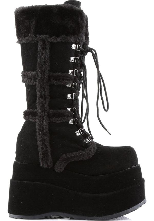 BEAR-202 [Black] | PLATFORM BOOTS [PREORDER] - Beserk - all, black, boot, boots, boots [preorder], clickfrenzy15-2023, demonia, discountapp, fluffy, fp, fur, goth, gothic, labelpreorder, labelvegan, mid calf boots, platform, platforms, platforms [preorder], pleaserhidden, pleaserimageupdated, ppo, preorder, shoes, vegan