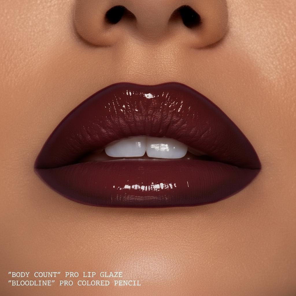 Close-up of glossy deep burgundy lips wearing a lip product, with part of the nose and skin visible. Small text at the bottom reads: "BODY COUNT" PRO LIP CLAZE and "BLOODELINE" PRO COLORED PENCIL.
