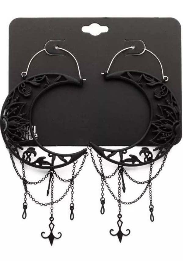 Crescent Moon Chain [Matte Black] | PLUG HOOP EARRINGS - Beserk - accessories, all, all ladies, black, bodyvibe, BV0605556, chain, chains, crescent moon, discountapp, earrings, fp, googleshopping, goth, gothic, gothic accessories, gothic gifts, hoop earrings, jewellery, jewelry, labelnew, ladies, ladies accessories, matte, may23, metal, moon, moon child, moon phase, moonchild, mothers day, mothersday, ornate, R250523, witchy, women, womens