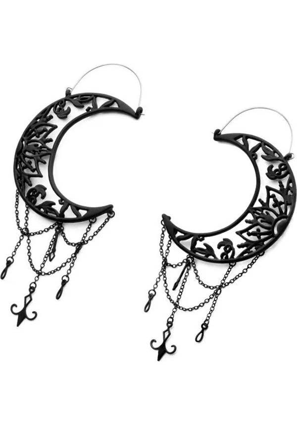 Crescent Moon Chain [Matte Black] | PLUG HOOP EARRINGS - Beserk - accessories, all, all ladies, black, bodyvibe, BV0605556, chain, chains, crescent moon, discountapp, earrings, fp, googleshopping, goth, gothic, gothic accessories, gothic gifts, hoop earrings, jewellery, jewelry, labelnew, ladies, ladies accessories, matte, may23, metal, moon, moon child, moon phase, moonchild, mothers day, mothersday, ornate, R250523, witchy, women, womens
