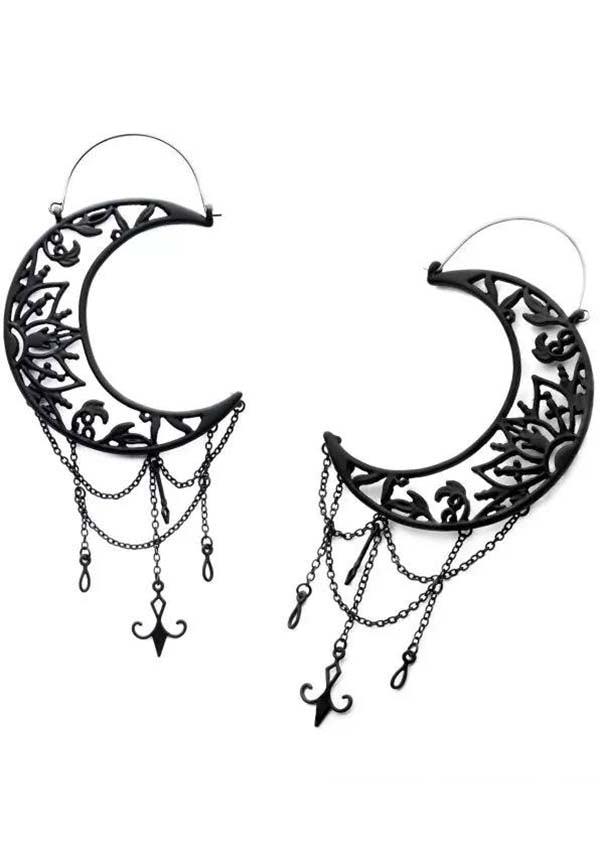 Crescent Moon Chain [Matte Black] | PLUG HOOP EARRINGS - Beserk - accessories, all, all ladies, black, bodyvibe, BV0605556, chain, chains, crescent moon, discountapp, earrings, fp, googleshopping, goth, gothic, gothic accessories, gothic gifts, hoop earrings, jewellery, jewelry, labelnew, ladies, ladies accessories, matte, may23, metal, moon, moon child, moon phase, moonchild, mothers day, mothersday, ornate, R250523, witchy, women, womens