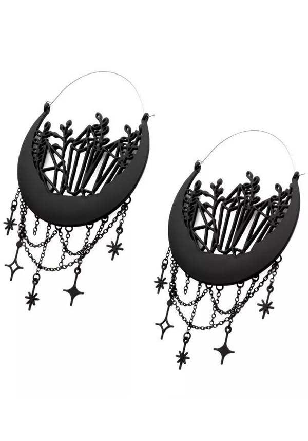 Crystal Moon Phase [Matte Black] | PLUG HOOP EARRINGS - Beserk - accessories, all, all ladies, bodyvibe, BV0605556, chain, chains, crescent moon, crystal, crystals, discountapp, earrings, fp, googleshopping, goth, gothic, gothic accessories, gothic gifts, hoop earrings, jewellery, jewelry, labelnew, ladies, ladies accessories, matte, may23, moon, moon phase, mothers day, mothersday, ornate, R250523, witchy, women, womens