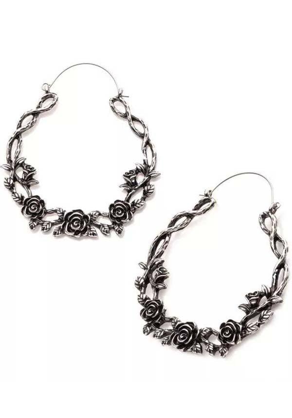 Enchanted Rose Vine | PLUG HOOP EARRINGS - Beserk - accessories, all, all ladies, bodyvibe, BV0605556, discountapp, earrings, flower, flowers, fp, googleshopping, goth, gothic, gothic accessories, hoop earrings, jewellery, jewelry, labelnew, ladies, ladies accessories, may23, mothers day, mothersday, nature, R250523, rose, roses, silver, vine, witchy, women, womens