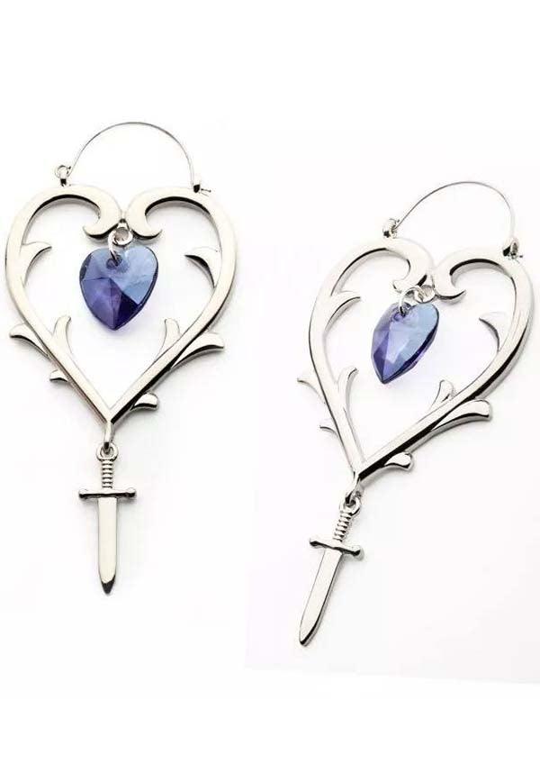 Heart Dagger [Purple] | PLUG HOOP EARRINGS - Beserk - accessories, all, bodyvibe, BV0605556, dagger, discountapp, earrings, fp, googleshopping, goth, gothic, gothic accessories, heart, heart shape, hearts, hoop earrings, jewellery, jewelry, knife, labelnew, ladies, ladies accessories, love heart, may23, mothers day, mothersday, nature, purple, R250523, silver, women, womens