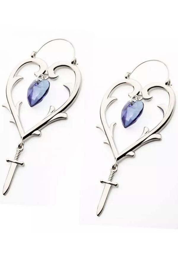 Heart Dagger [Purple] | PLUG HOOP EARRINGS - Beserk - accessories, all, bodyvibe, BV0605556, dagger, discountapp, earrings, fp, googleshopping, goth, gothic, gothic accessories, heart, heart shape, hearts, hoop earrings, jewellery, jewelry, knife, labelnew, ladies, ladies accessories, love heart, may23, mothers day, mothersday, nature, purple, R250523, silver, women, womens