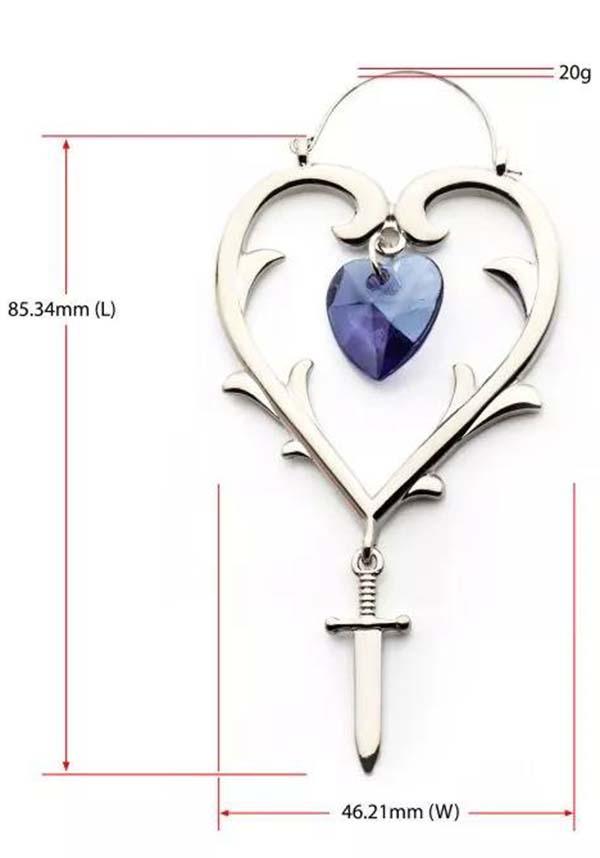 Heart Dagger [Purple] | PLUG HOOP EARRINGS - Beserk - accessories, all, bodyvibe, BV0605556, dagger, discountapp, earrings, fp, googleshopping, goth, gothic, gothic accessories, heart, heart shape, hearts, hoop earrings, jewellery, jewelry, knife, labelnew, ladies, ladies accessories, love heart, may23, mothers day, mothersday, nature, purple, R250523, silver, women, womens