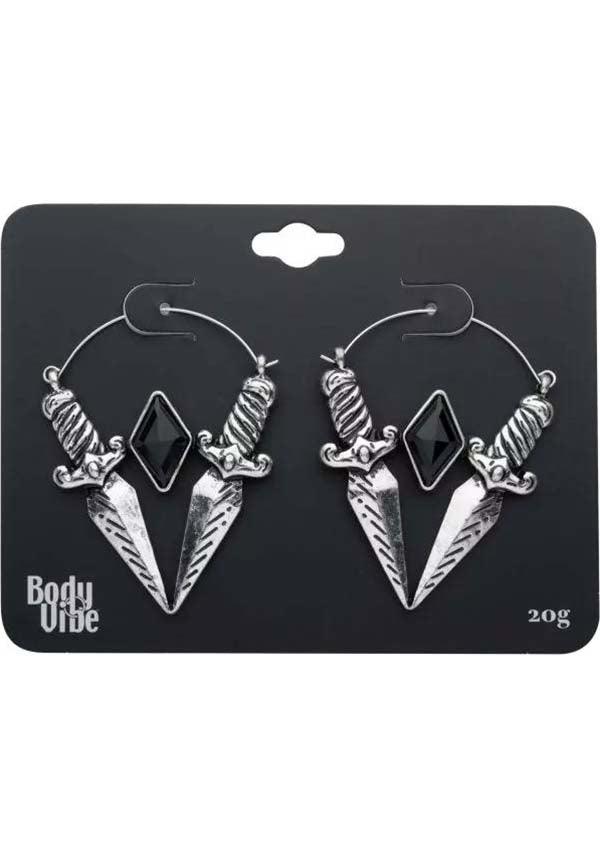 V-Shape Dagger [Black Zirconia] | PLUG HOOP EARRINGS - Beserk - accessories, all, all ladies, black, bodyvibe, BV0605556, dagger, discountapp, earrings, fp, googleshopping, goth, gothic, gothic accessories, hoop earrings, jewellery, jewelry, labelnew, ladies, ladies accessories, may23, mothers day, mothersday, R250523, silver, women, womens