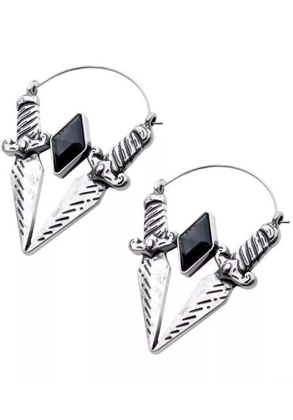 V-Shape Dagger [Black Zirconia] | PLUG HOOP EARRINGS - Beserk - accessories, all, all ladies, black, bodyvibe, BV0605556, dagger, discountapp, earrings, fp, googleshopping, goth, gothic, gothic accessories, hoop earrings, jewellery, jewelry, labelnew, ladies, ladies accessories, may23, mothers day, mothersday, R250523, silver, women, womens