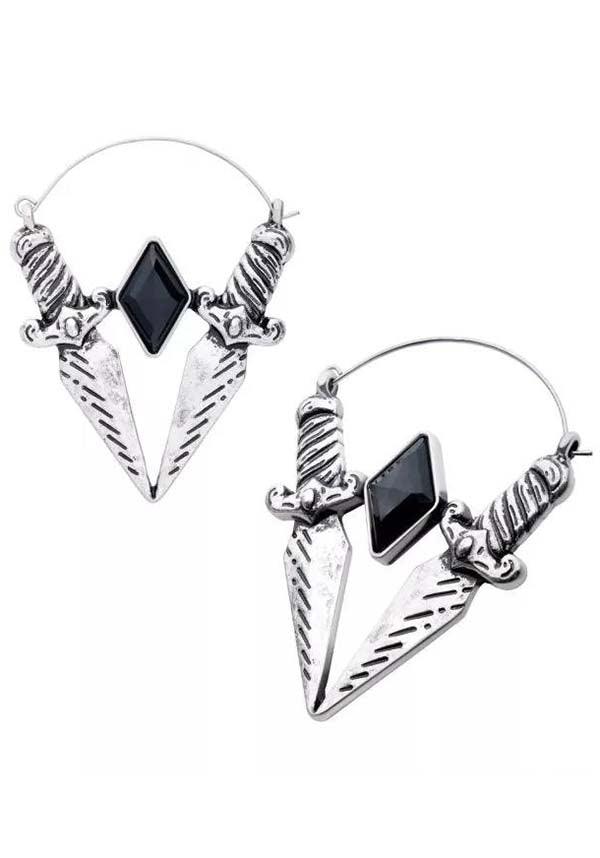V-Shape Dagger [Black Zirconia] | PLUG HOOP EARRINGS - Beserk - accessories, all, all ladies, black, bodyvibe, BV0605556, dagger, discountapp, earrings, fp, googleshopping, goth, gothic, gothic accessories, hoop earrings, jewellery, jewelry, labelnew, ladies, ladies accessories, may23, mothers day, mothersday, R250523, silver, women, womens