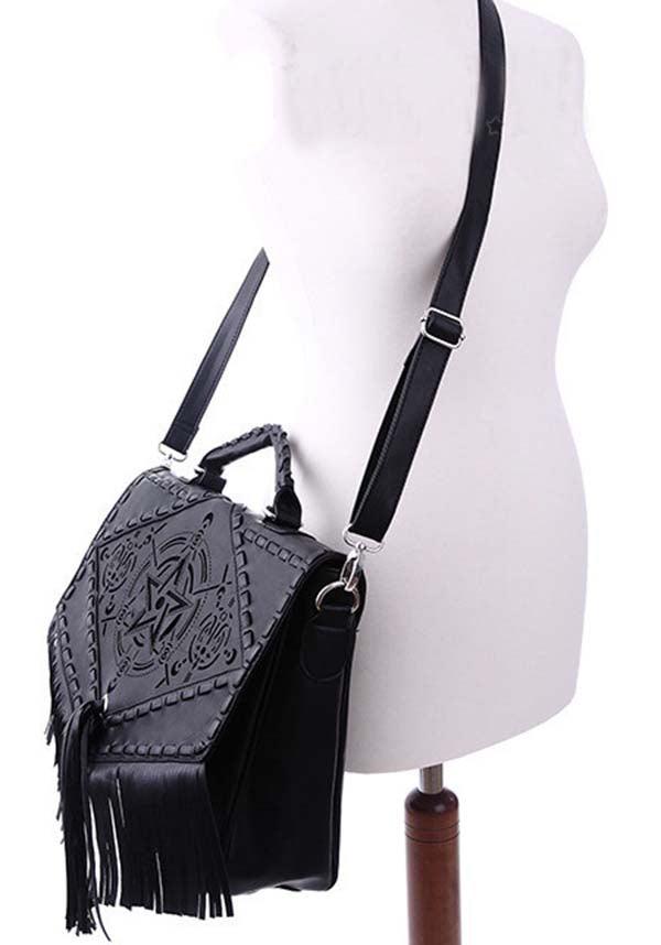 Boho Witch | HANDBAG - Beserk - accessories, adjustable strap, all, bag, black, clickfrenzy15-2023, discountapp, fp, fringe, fringing, gothic, gothic accessories, gothic bag, grunge, hand bag, handbag, handbags and purses, labelvegan, ladies accessories, messenger bag, pentacle, pentagram, restyle, shoulder bag, vegan, witch, witchy, yalternative