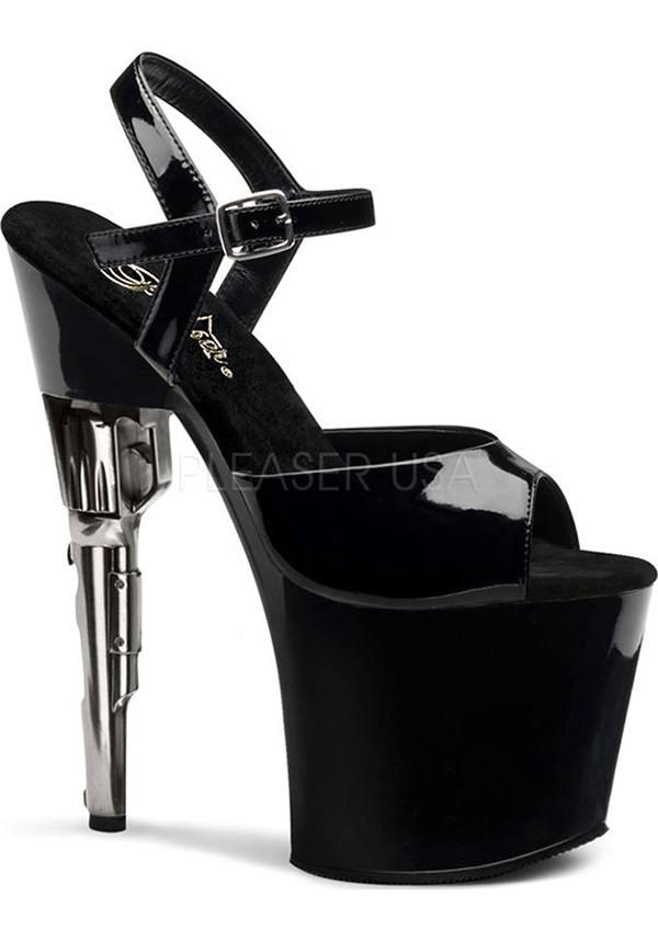 BONDGIRL-709 [Patent Black] | PLATFORMS [PREORDER] - Beserk - all, black, clickfrenzy15-2023, costume, discountapp, fp, gun, halloween costume, heels, heels [preorder], labelpreorder, labelvegan, open toe, peep toe, pleaser, ppo, preorder, shiny, shoes, vegan