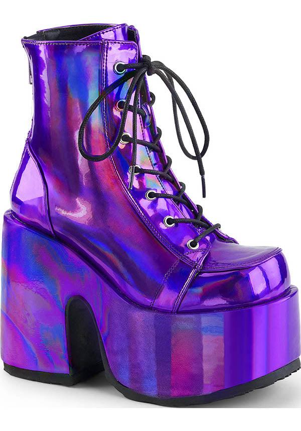 CAMEL-203 [Purple Holo] | PLATFORM BOOTS [PREORDER] - Beserk - all, ankle boots, boots, boots [preorder], chunky, clickfrenzy15-2023, demonia, demonia shoes, discountapp, fp, holo, hologram, holographic, labelpreorder, labelvegan, ladies, platform boots, platforms, platforms [preorder], pleaserimageupdated, ppo, preorder, purple, shoes, vegan