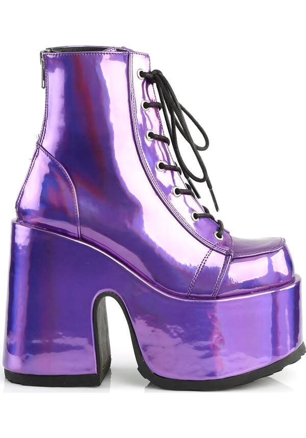 CAMEL-203 [Purple Holo] | PLATFORM BOOTS [PREORDER] - Beserk - all, ankle boots, boots, boots [preorder], chunky, clickfrenzy15-2023, demonia, demonia shoes, discountapp, fp, holo, hologram, holographic, labelpreorder, labelvegan, ladies, platform boots, platforms, platforms [preorder], pleaserimageupdated, ppo, preorder, purple, shoes, vegan