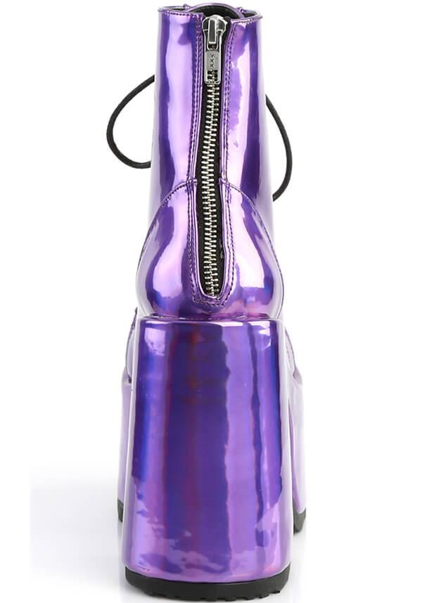 CAMEL-203 [Purple Holo] | PLATFORM BOOTS [PREORDER] - Beserk - all, ankle boots, boots, boots [preorder], chunky, clickfrenzy15-2023, demonia, demonia shoes, discountapp, fp, holo, hologram, holographic, labelpreorder, labelvegan, ladies, platform boots, platforms, platforms [preorder], pleaserimageupdated, ppo, preorder, purple, shoes, vegan