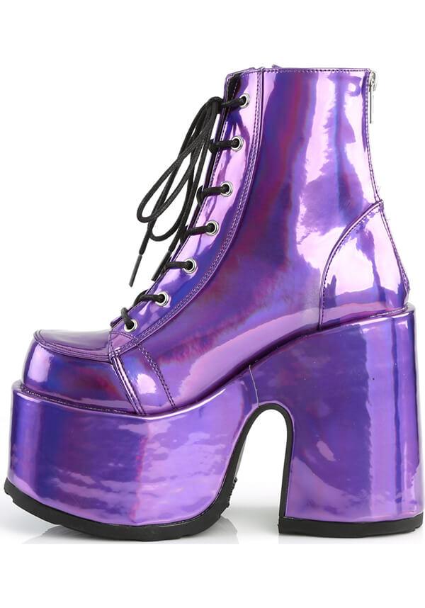 CAMEL-203 [Purple Holo] | PLATFORM BOOTS [PREORDER] - Beserk - all, ankle boots, boots, boots [preorder], chunky, clickfrenzy15-2023, demonia, demonia shoes, discountapp, fp, holo, hologram, holographic, labelpreorder, labelvegan, ladies, platform boots, platforms, platforms [preorder], pleaserimageupdated, ppo, preorder, purple, shoes, vegan